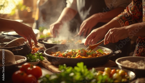 Group of people preparing a delicious meal together in a rustic home kitchen.