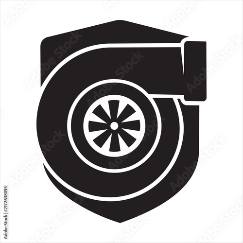 Robust black turbocharger icon enclosed within a protective shield symbol on a white background