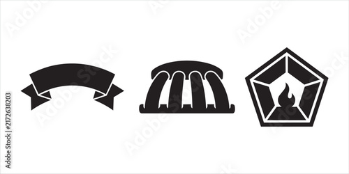 Three black icons show a flowing ribbon a structure with arches and a flaming pentagon
