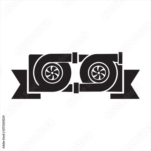 Two connected black turbocharger silhouettes arranged with a stylized banner on a clean white background
