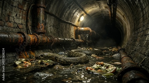 A large snake slithering through a dark and dirty underground brick sewer tunnel.