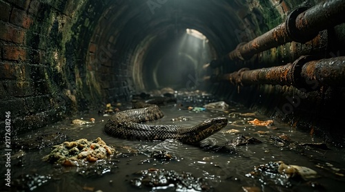 A large snake slithering through a dark and dirty underground sewer tunnel.