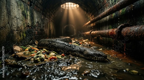 A giant snake slithering through a dark and dirty underground sewer tunnel.