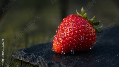 A single fresh ripe strawberry with water droplets on a dark slate surface.