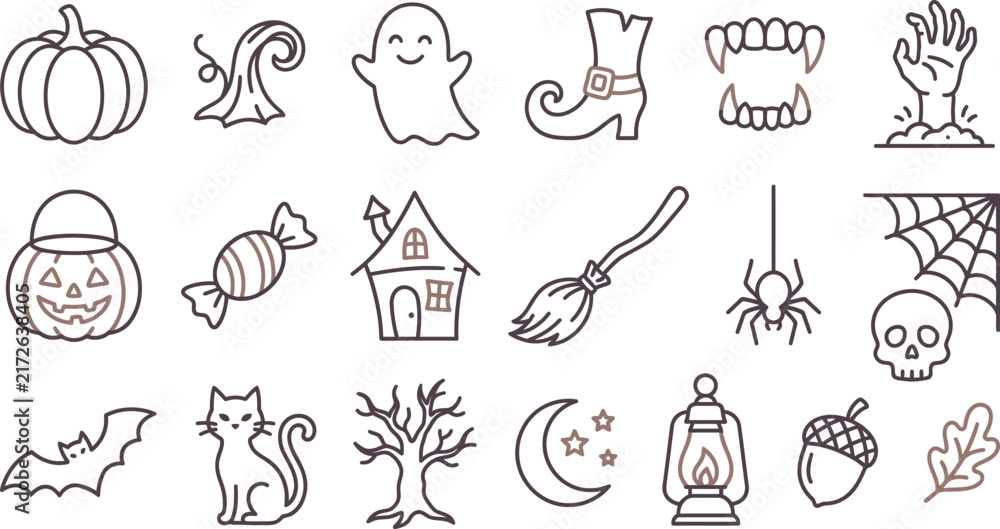 Fototapeta premium Halloween themed vector icon set featuring spooky holiday elements designed with clean minimal line art styles