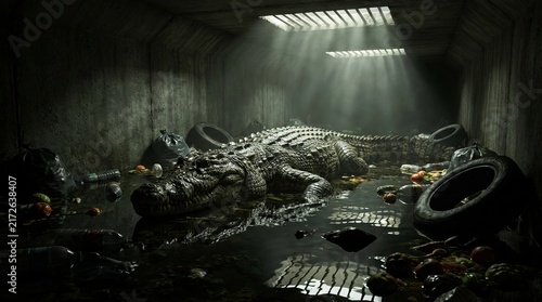 Large crocodile resting inside a dark urban sewer tunnel filled with trash and debris.