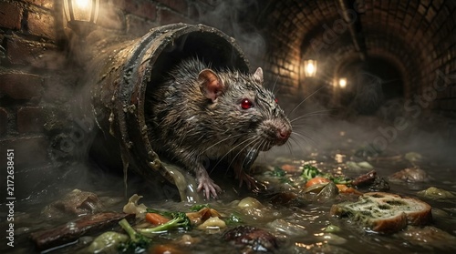 A large grey rat emerging from a pipe into a dark murky sewer tunnel.