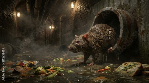 A large wet rat emerging from a dark sewer pipe surrounded by scattered food waste.