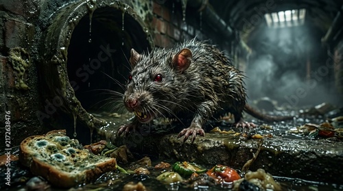 A large wet rat standing in a dark damp city sewer surrounded by garbage and debris.