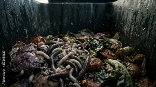 Earthworms crawling through decomposing organic food waste inside a dark compost bin.