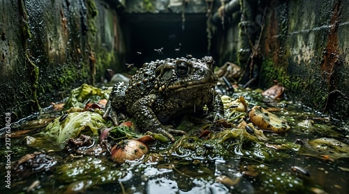 A large bumpy toad sitting in a dark dirty sewer drain filled with debris.
