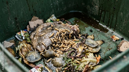 A close up view of rotting food waste infested with maggots in a green bin.
