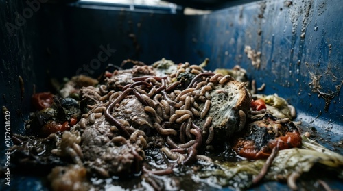 A pile of earthworms feeding on organic food waste inside a blue plastic compost bin.