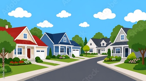 Cozy Suburban Street Flat-Design Illustration Houses on the Road
