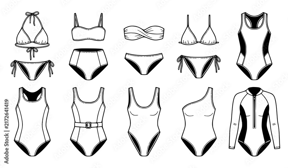 Fototapeta premium Swimsuit Fashion Flat Sketch Vector Set with Bikini Bandeau One Piece Swimwear Technical Drawing Illustration Design