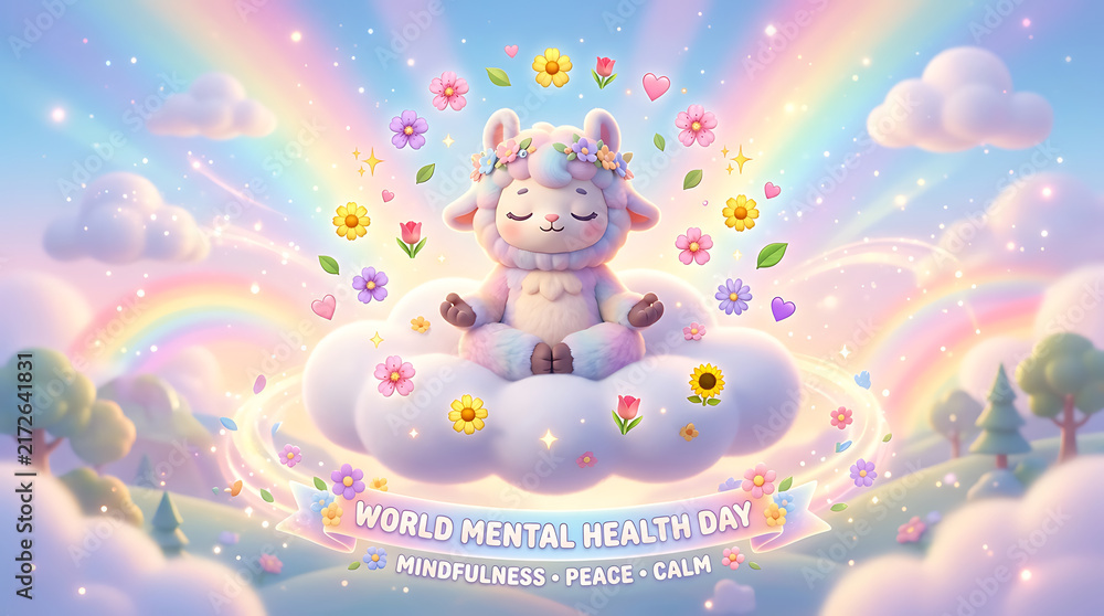Naklejka premium Cute 3D Animated Character Meditating on a Floating Soft Pastel Cloud