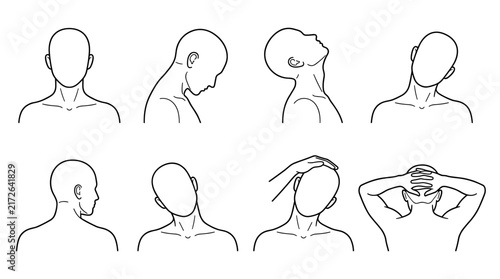 Set of line icons depicting neck stretching exercises and head rotations for physical therapy, chiropractic, mobility, rehabilitation, and fitness