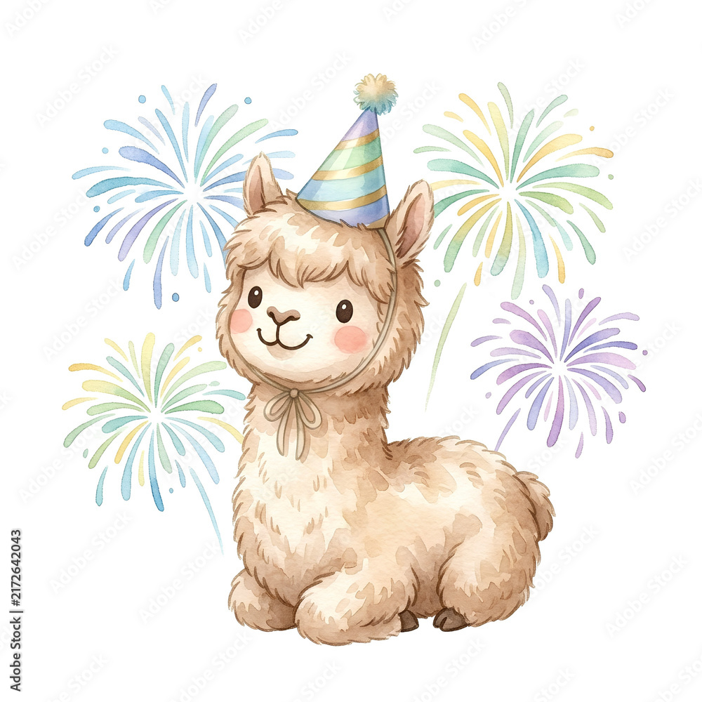 Naklejka premium Adorable alpaca birthday celebration watercolor illustration isolated on white background