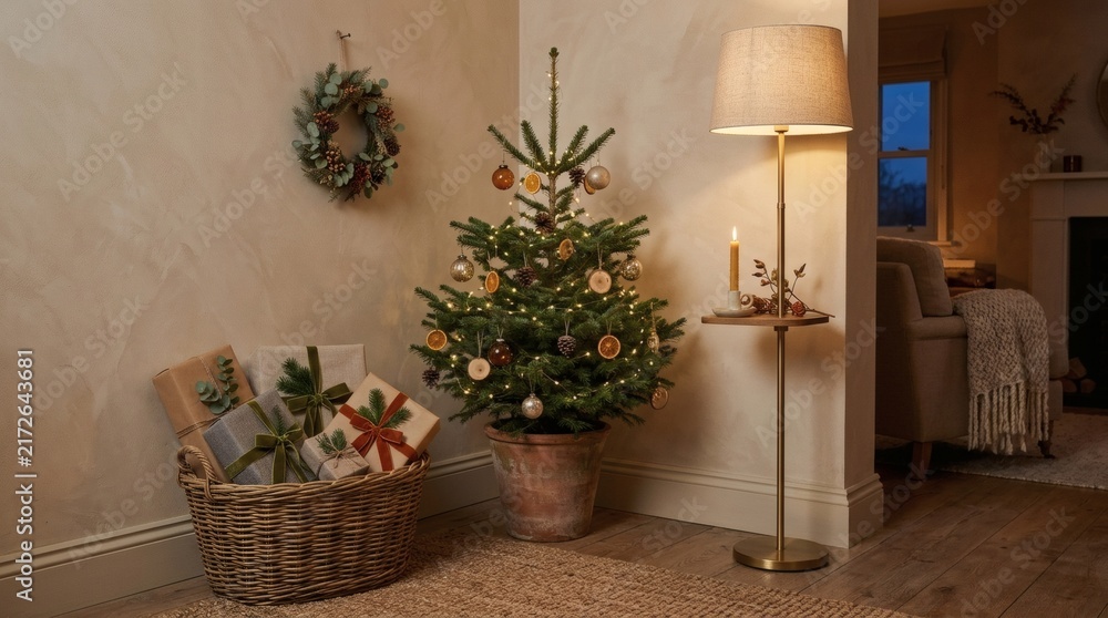 Fototapeta premium Cozy Christmas Scene with Decorated Tree Presents and Wreath