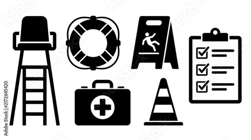 Swimming pool safety and compliance checklist icons set