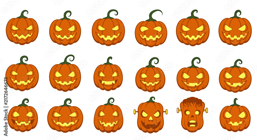 Fototapeta premium Collection of Scary Jack-o-lantern Pumpkin Faces with Spooky Expressions for Halloween Decoration and Graphic Design Projects