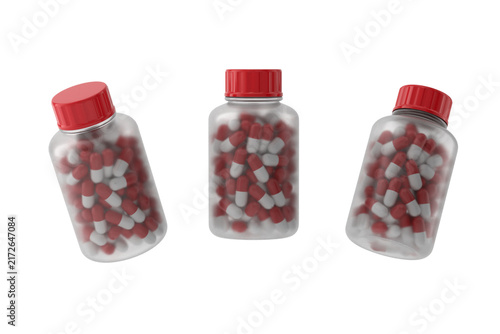 Pill bottle with red cap different angles set isolated on a transparent white background 3d rendering