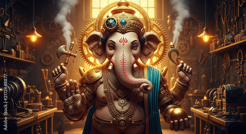 Fototapeta premium Steampunk Ganesha Deity with Gears and Mechanical Elements.