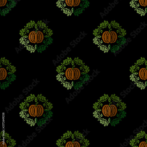 Seamless artwork cross-stitch embroidery needlework pattern with pumpkin and oak leaves on black background