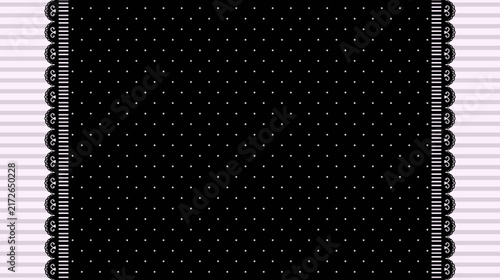Gothic black polka dot background with scalloped lace borders and light pink stripes
