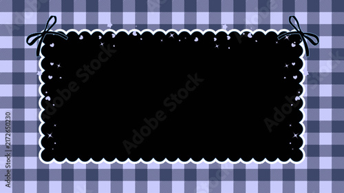 Gothic black scalloped frame with ribbon bows on blue gingham background