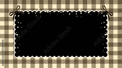 Gothic black scalloped frame with ribbon bows on yellow gingham background