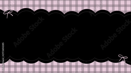 Gothic dusty pink gingham background with central black scalloped banner and cute ribbon bows