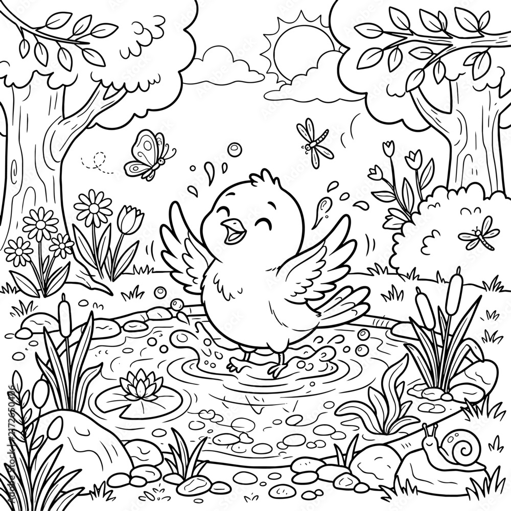 Fototapeta premium Cute Bird Splashing in a Pond Coloring Page