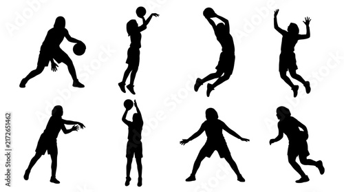Set of silhouettes of female basketball players in various active game positions, dribbling, shooting, jumping, passing, athletic movement