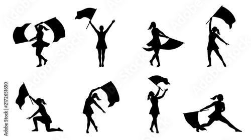 Set of marching band color guard silhouette poses with spinning flags, musical performance elements, performance movement, event celebration