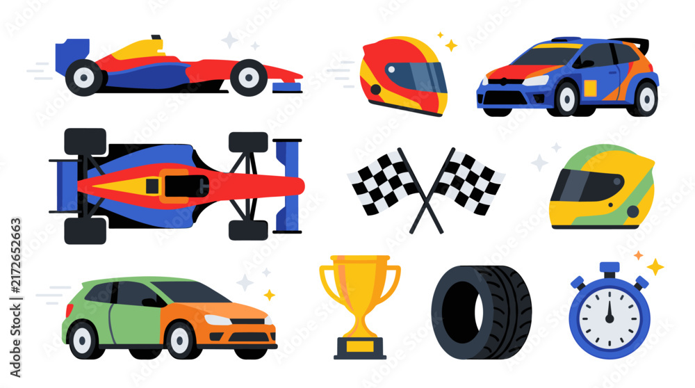 Naklejka premium Set of racing vehicles and equipment featuring formula cars, rally machines, helmets, trophies, checkered flags, tires, stopwatch for sports