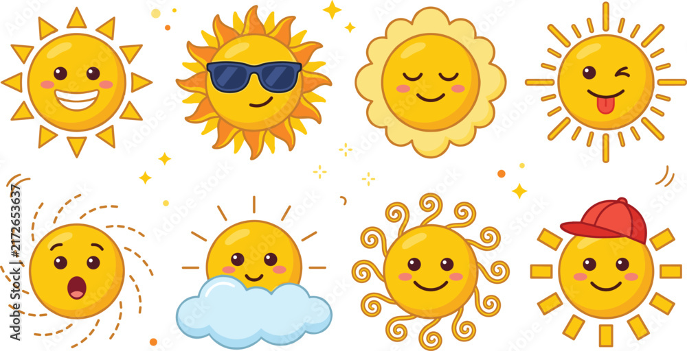 Fototapeta premium Cute Kawaii Sun Character Icon Set with Smiling Summer Suns Wearing Sunglasses Red Cap Peeking Behind Cloud and Winking for Weather Graphic Designs