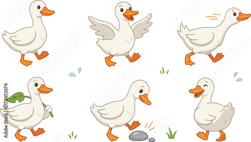 Cute Cartoon Duck Character Set with White Ducklings Walking Flapping Wings Running Holding a Leaf and Stepping on Stones for Graphic Designs