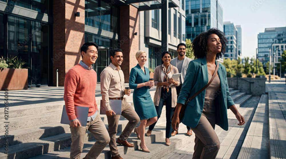 Obraz premium Young multicultural team on office steps