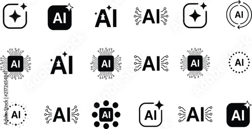 Set of diverse artificial intelligence and machine learning technology vector icons featuring circuit boards and digital symbols