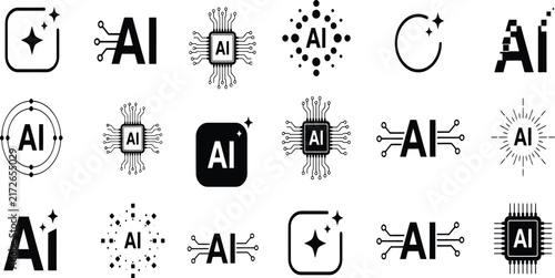 Collection of Artificial Intelligence Technology Icons Featuring Modern Digital Circuitry Data Processing Symbols and Minimalist Graphical Elements for Web Interfaces