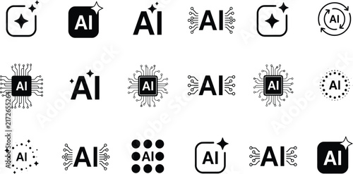 Set of Diverse Artificial Intelligence and Machine Learning Symbols Featuring Digital Circuitry and Neural Network Graphic Icon Designs for Software Interfaces