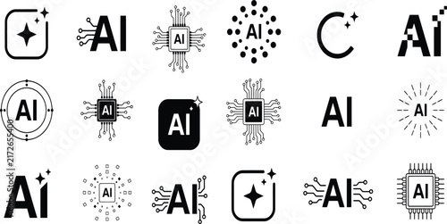 A collection of black and white artificial intelligence icons depicting digital chips and neural network data processing symbols