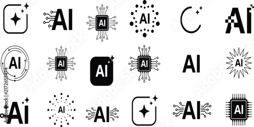 Set of diverse monochrome artificial intelligence icons featuring circuit board patterns and digital neural network symbols