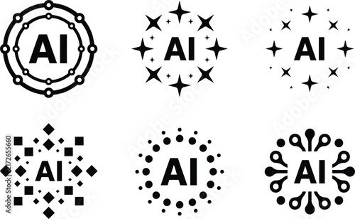 Set of six modern minimalist artificial intelligence icons featuring various geometric patterns and abstract technical shapes for digital design