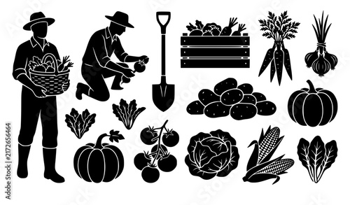 Vegetable Harvest Farming Silhouette Collection with Tools and Fresh Crops