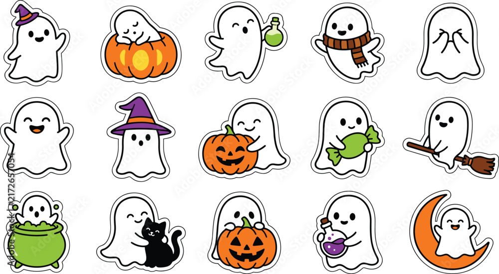 Fototapeta premium Cute cartoon Halloween ghost stickers set with funny characters and autumn elements for design