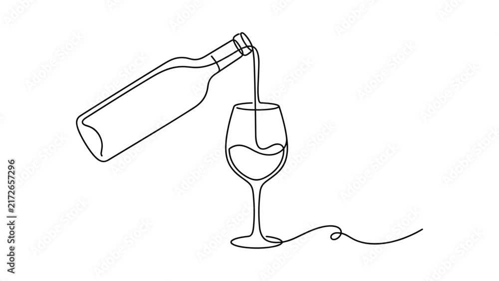 Naklejka premium A continuous line drawing of a wine bottle pouring wine into a glass.