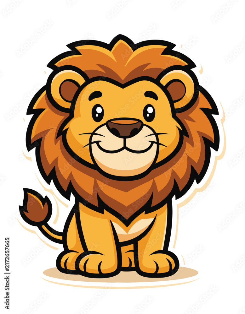 Fototapeta premium Cute cartoon lion cub sitting with friendly expression