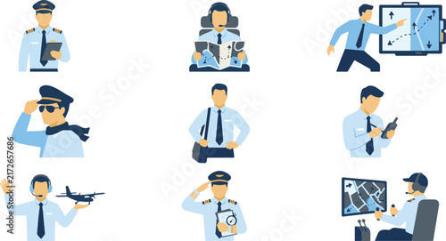Aviation Pilot and Air Traffic Controller Vector Avatars Set, Flat Flight Crew Icons